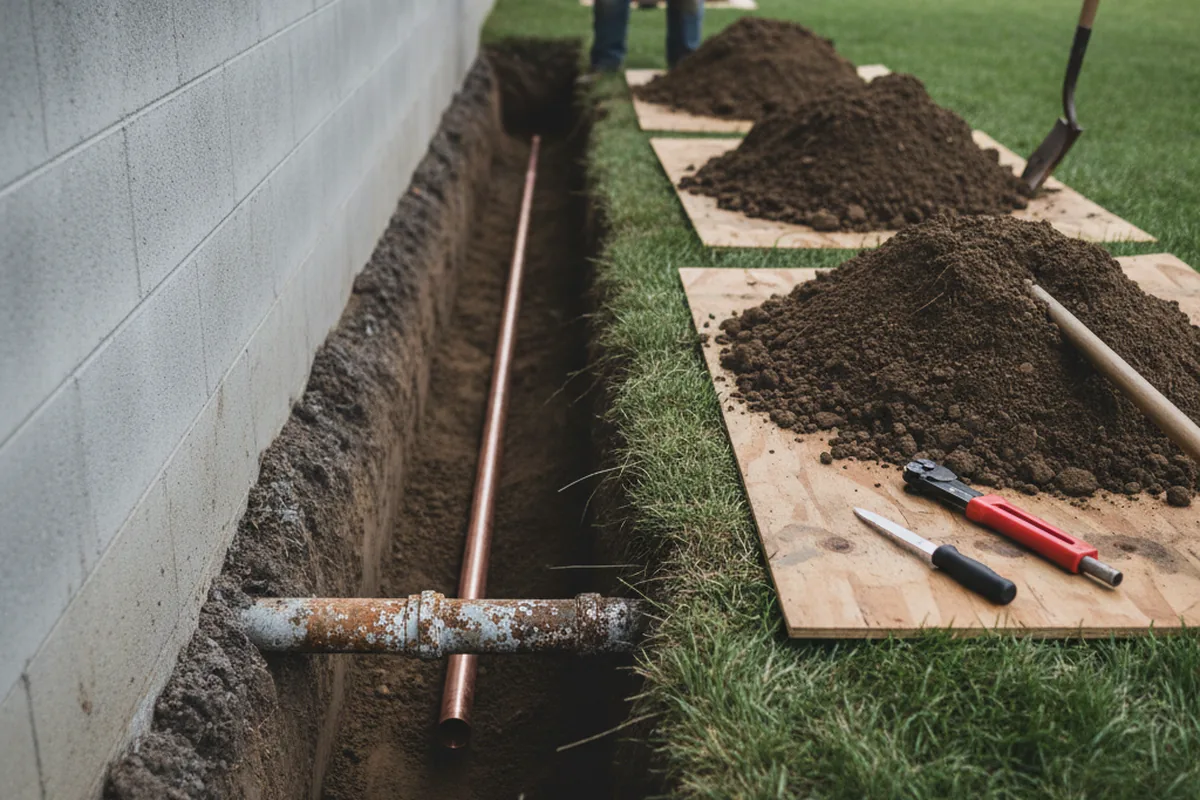 Excavated water line trench during Water Softener Installation in Lamont